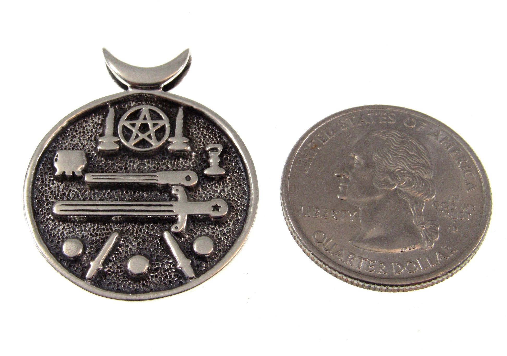 Solid 925 Sterling Silver Magic Witch's Cauldron Pendant With Iconic Wiccan Symbols, Crescent Moon Pentacle Amulet