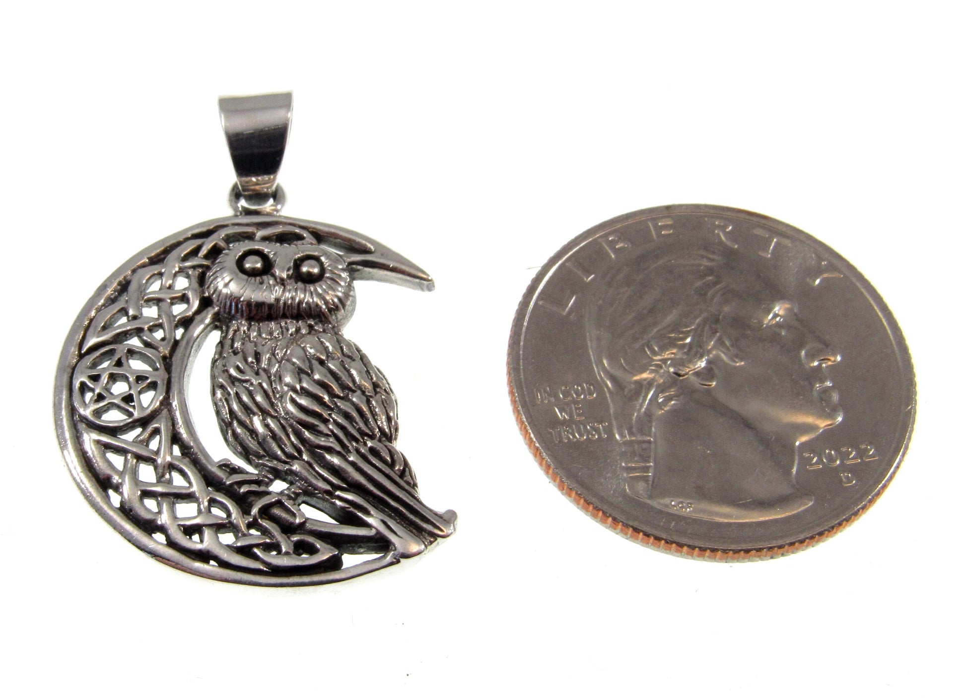 Solid 925 Sterling Silver Owl Pendant – Celtic Moon Necklace – Pagan Wisdom Jewelry – Witchcore Owl Charm – Wiccan Druid Moon Symbol