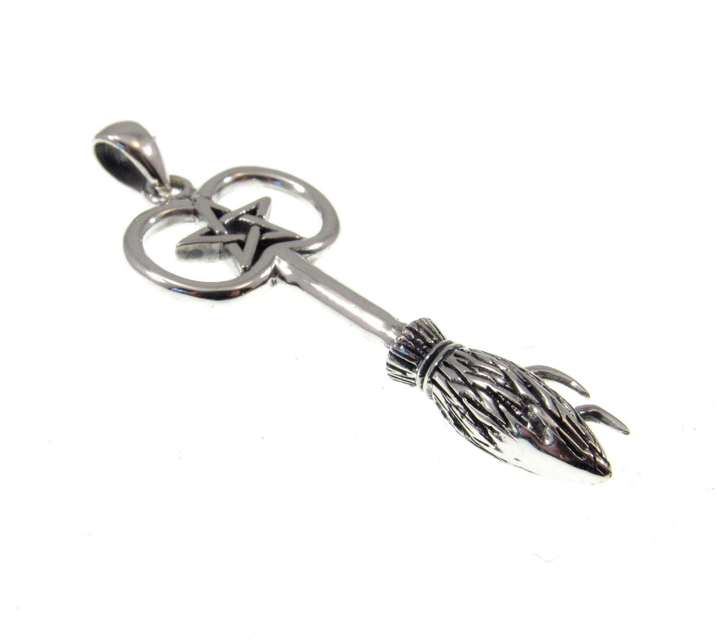 Solid 925 Sterling Silver Witches Broom with Pentacle Enscribed Pendant, Magic Witchcraft Amulet