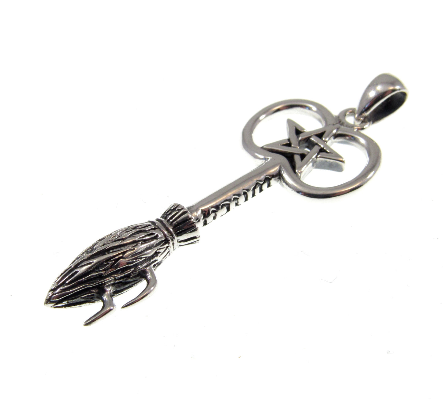 Solid 925 Sterling Silver Witches Broom with Pentacle Enscribed Pendant, Magic Witchcraft Amulet