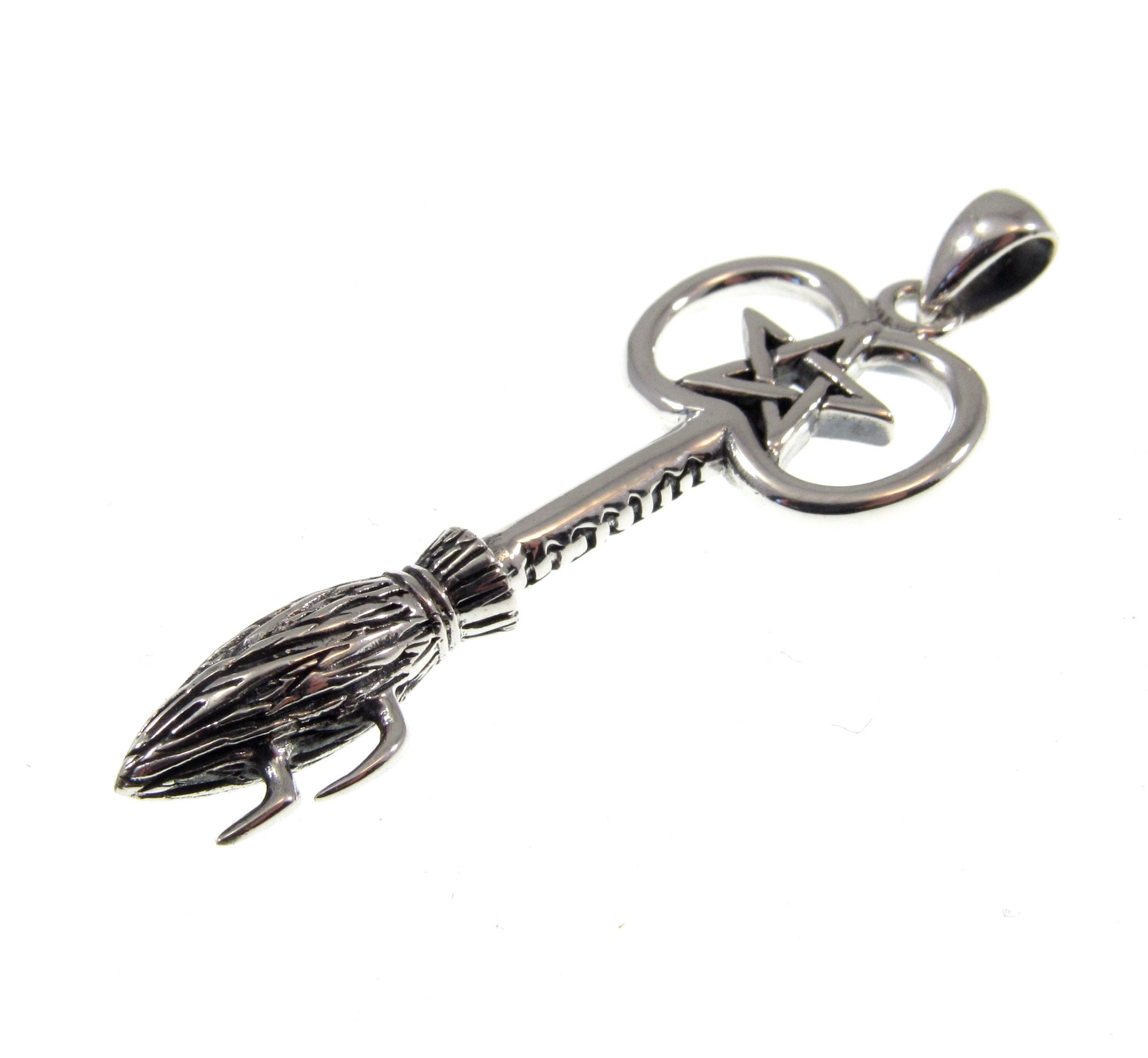 Solid 925 Sterling Silver Witches Broom with Pentacle Enscribed Pendant, Magic Witchcraft Amulet