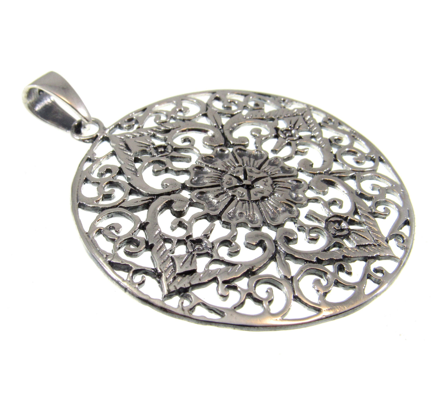 Solid 925 Sterling Silver Filigree Mandala Pendant – Bohemian Statement Piece, Sacred Geometry Jewelry, Ornate Vintage Style Flower Amulet