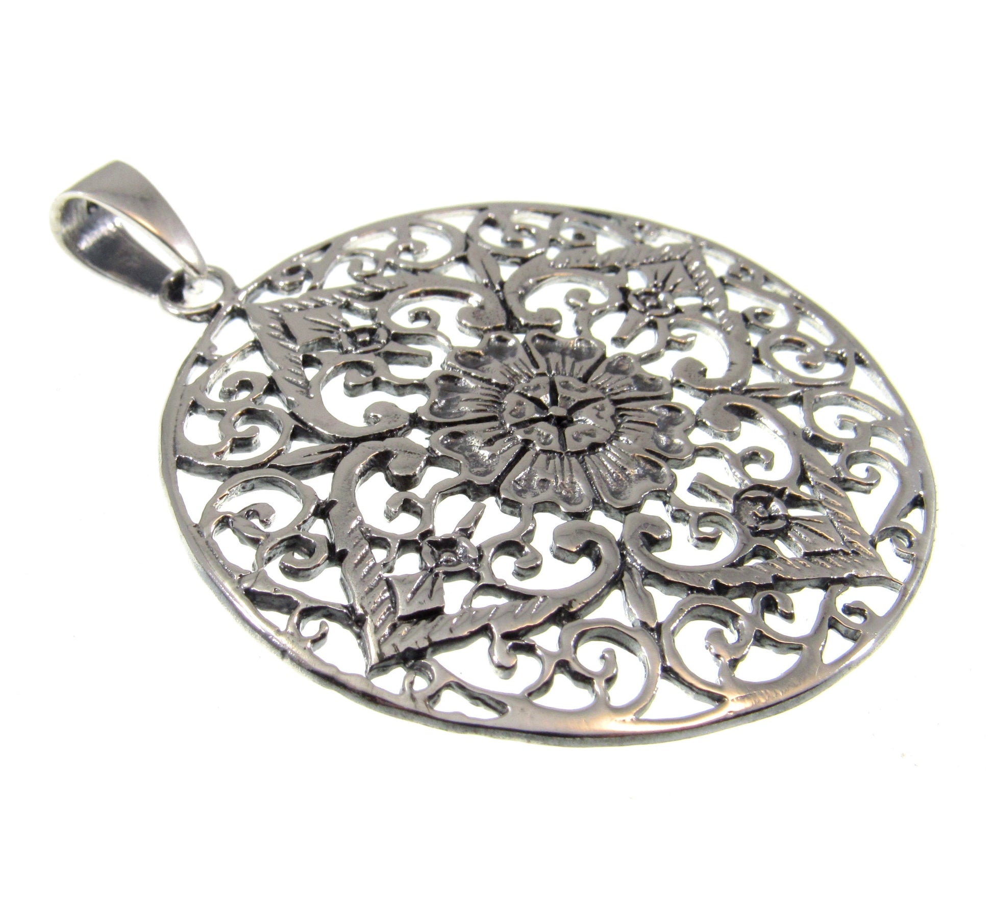 Solid 925 Sterling Silver Filigree Mandala Pendant – Bohemian Statement Piece, Sacred Geometry Jewelry, Ornate Vintage Style Flower Amulet