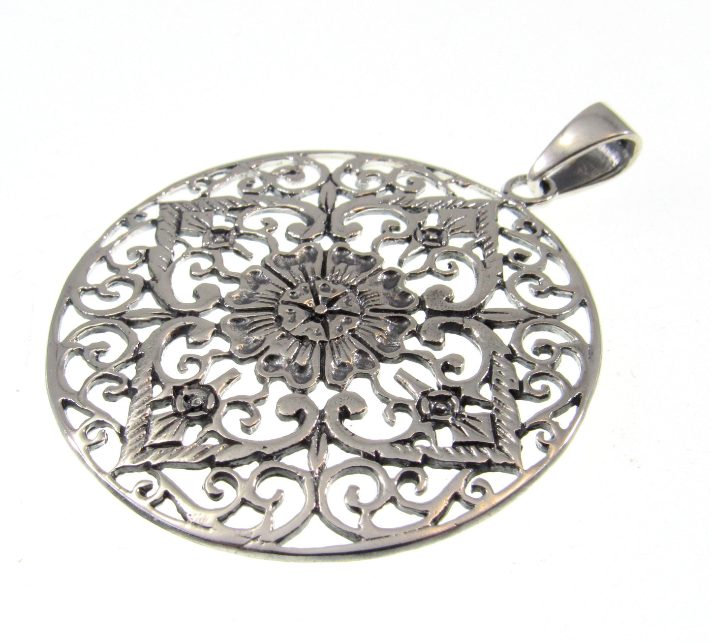 Solid 925 Sterling Silver Filigree Mandala Pendant – Bohemian Statement Piece, Sacred Geometry Jewelry, Ornate Vintage Style Flower Amulet