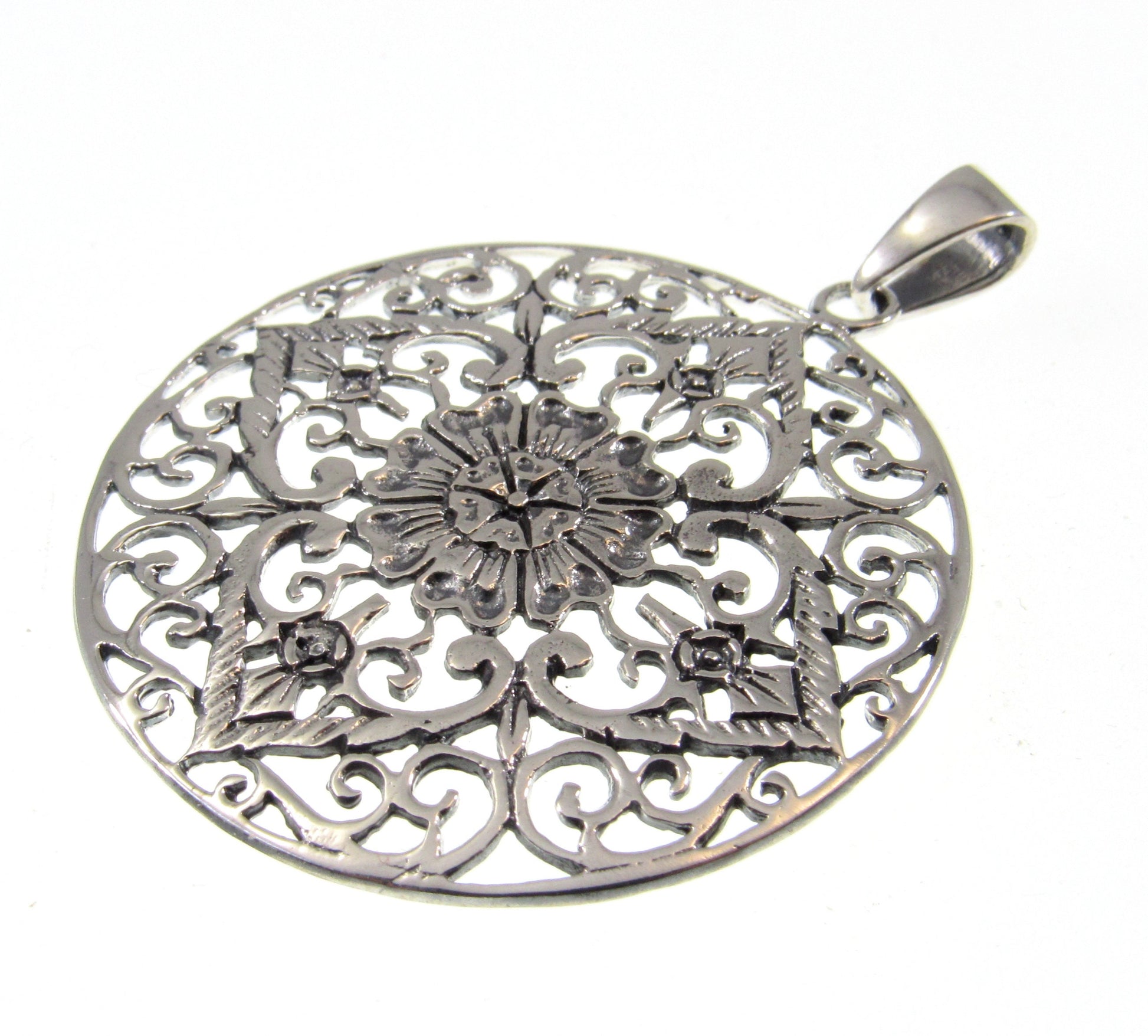 Solid 925 Sterling Silver Filigree Mandala Pendant – Bohemian Statement Piece, Sacred Geometry Jewelry, Ornate Vintage Style Flower Amulet