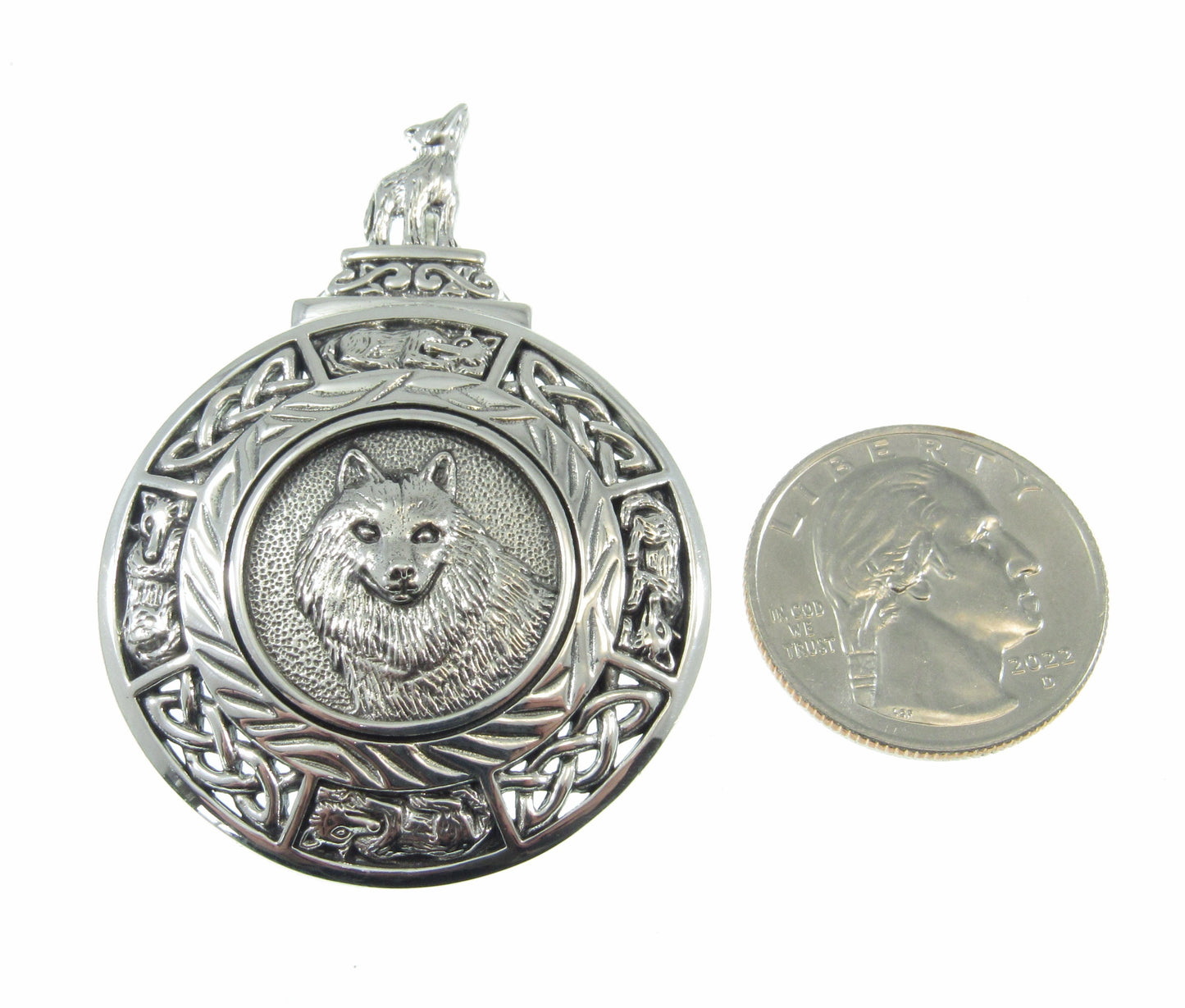 Large Solid 925 Sterling Silver Celtic Knotwork Howling Wolf Medallion Slide Pendant