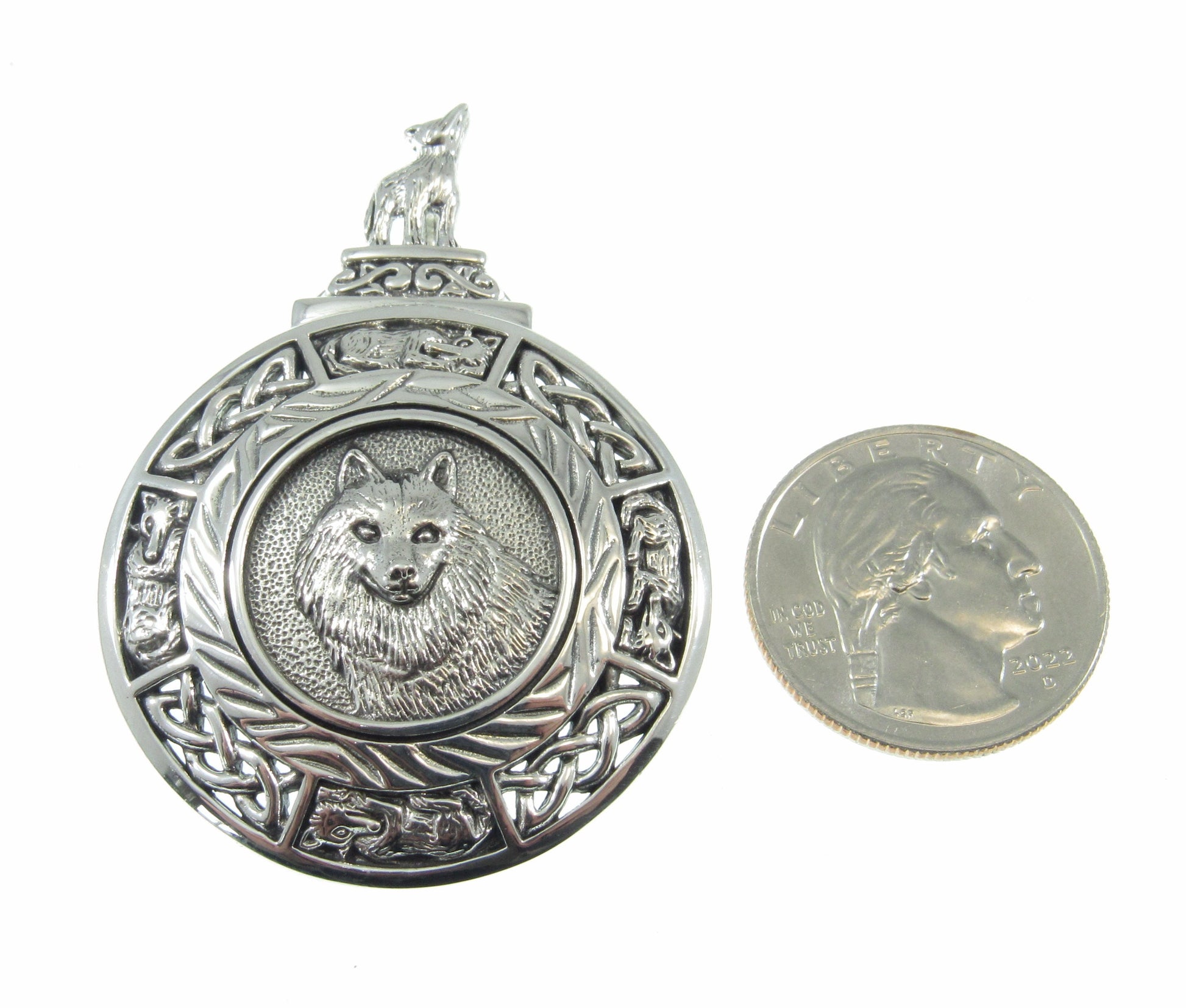 Large Solid 925 Sterling Silver Celtic Knotwork Howling Wolf Medallion Slide Pendant