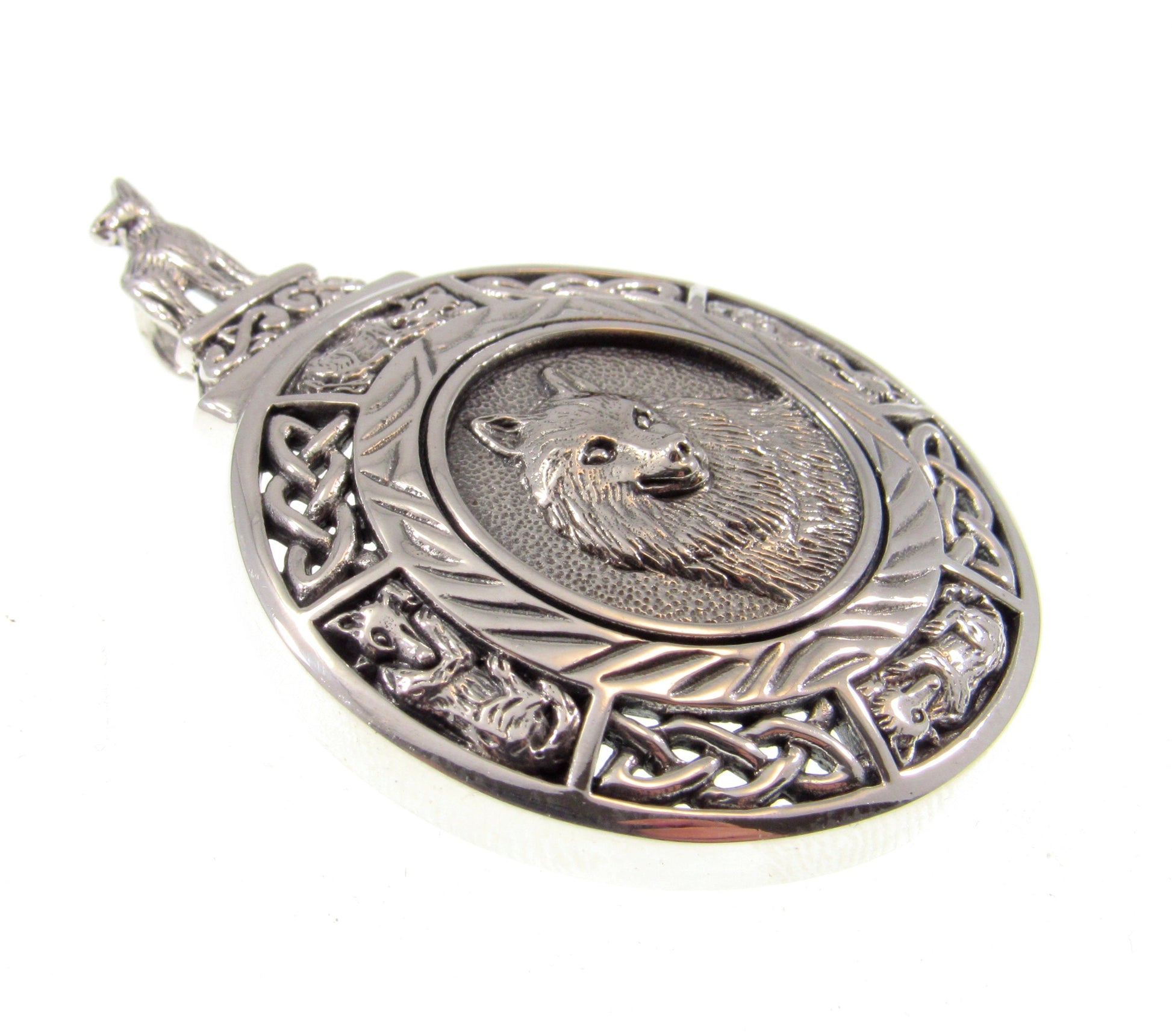 Large Solid 925 Sterling Silver Celtic Knotwork Howling Wolf Medallion Slide Pendant