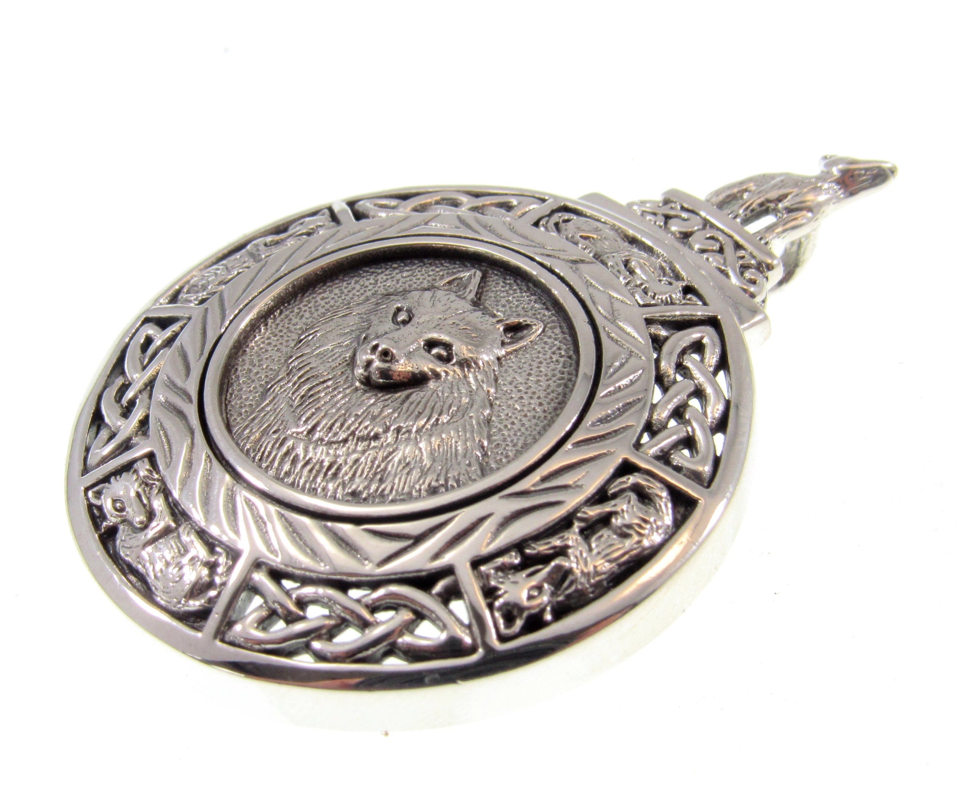 Large Solid 925 Sterling Silver Celtic Knotwork Howling Wolf Medallion Slide Pendant