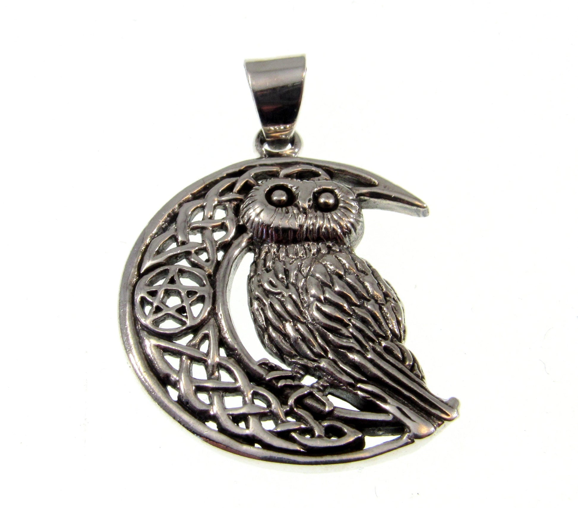Solid 925 Sterling Silver Owl Pendant – Celtic Moon Necklace – Pagan Wisdom Jewelry – Witchcore Owl Charm – Wiccan Druid Moon Symbol