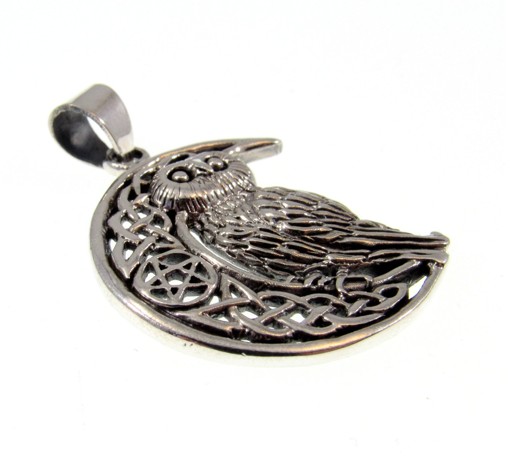 Solid 925 Sterling Silver Owl Pendant – Celtic Moon Necklace – Pagan Wisdom Jewelry – Witchcore Owl Charm – Wiccan Druid Moon Symbol