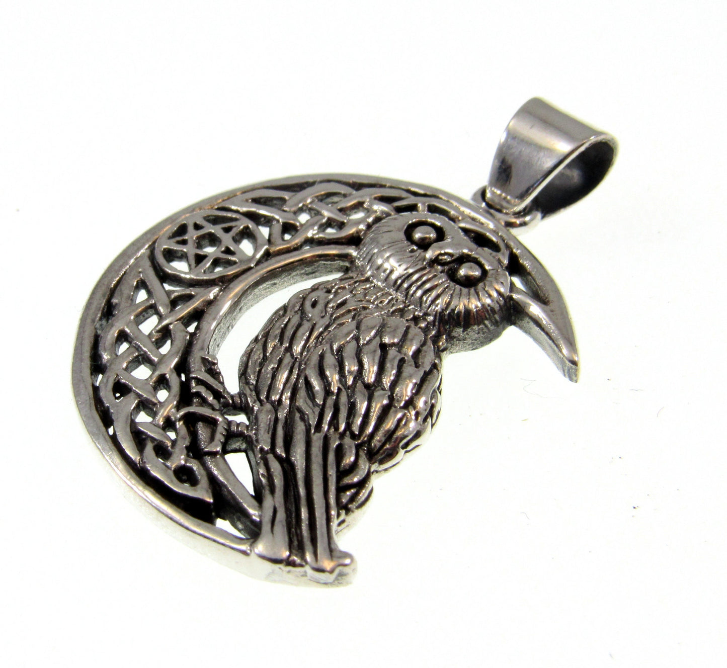 Solid 925 Sterling Silver Owl Pendant – Celtic Moon Necklace – Pagan Wisdom Jewelry – Witchcore Owl Charm – Wiccan Druid Moon Symbol