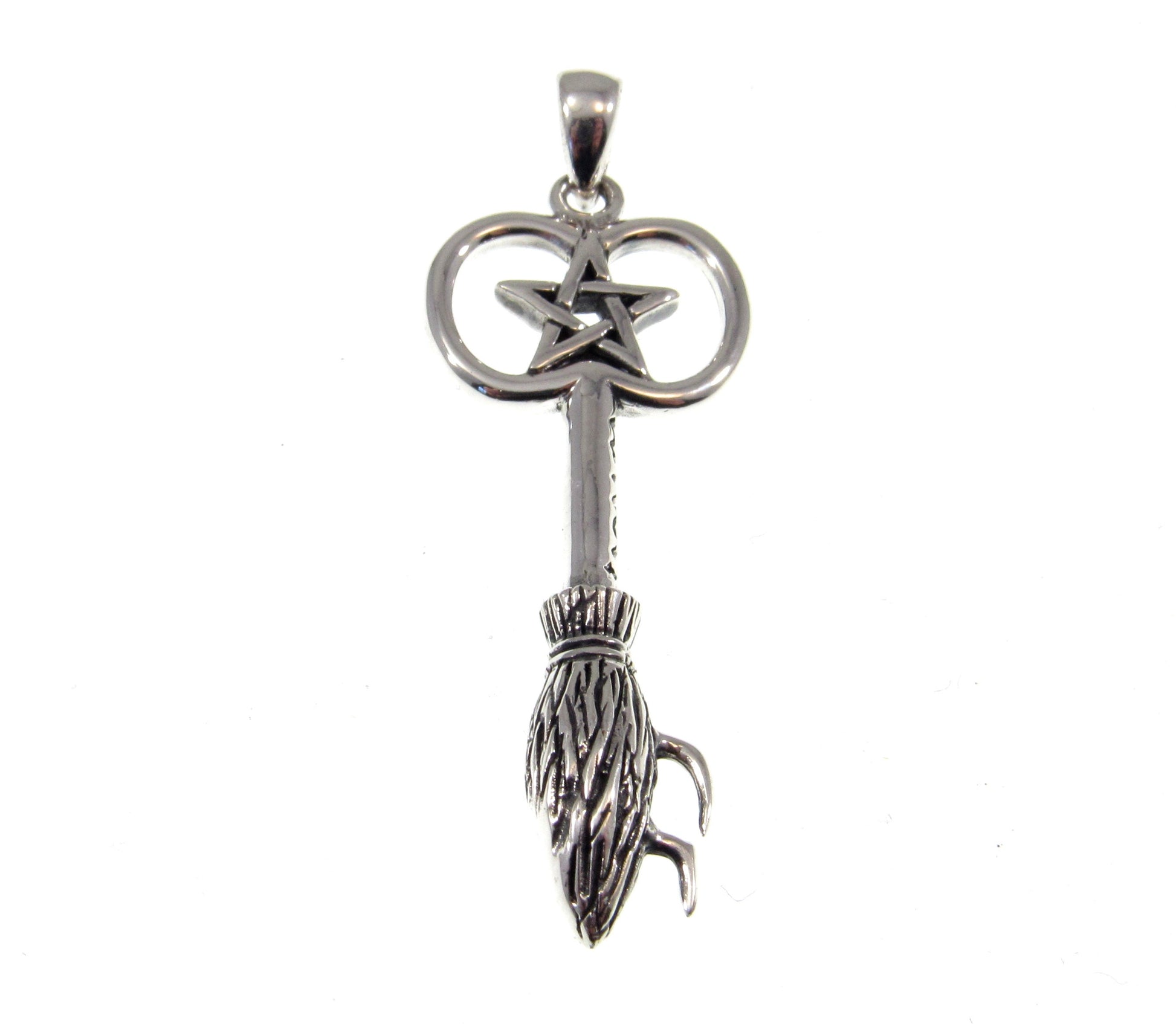 Solid 925 Sterling Silver Witches Broom with Pentacle Enscribed Pendant, Magic Witchcraft Amulet