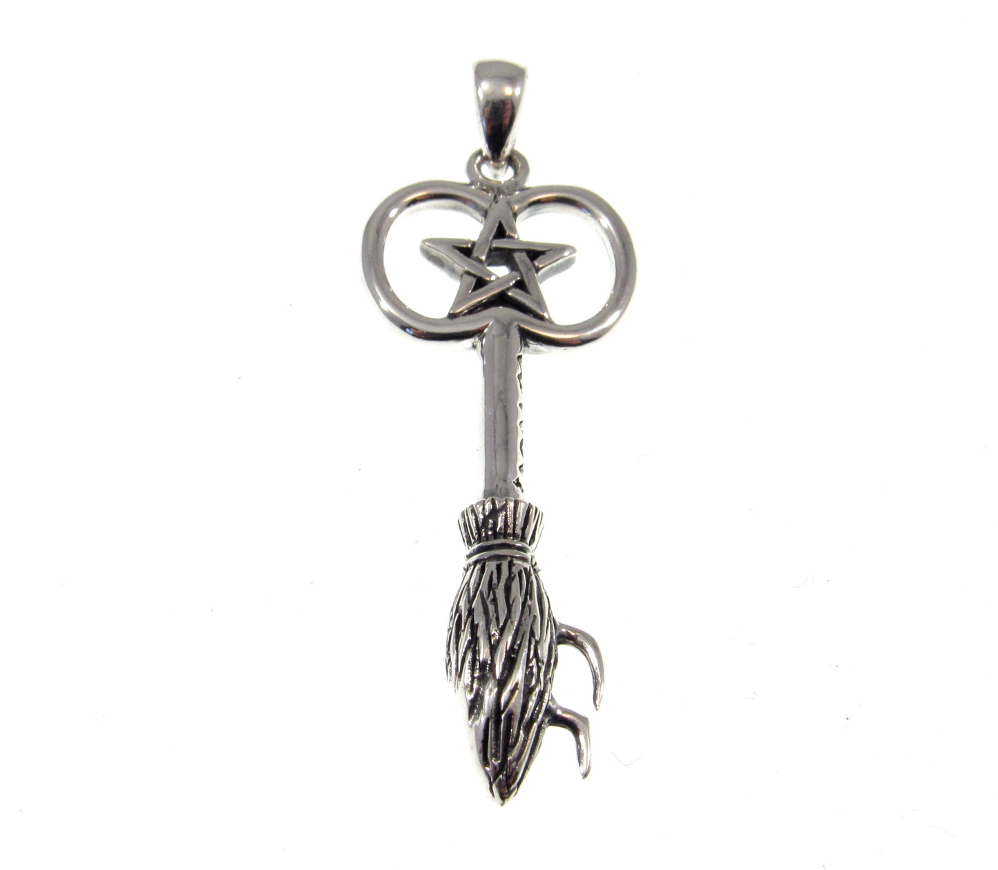 Solid 925 Sterling Silver Witches Broom with Pentacle Enscribed Pendant, Magic Witchcraft Amulet