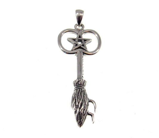 Solid 925 Sterling Silver Witches Broom with Pentacle Enscribed Pendant, Magic Witchcraft Amulet