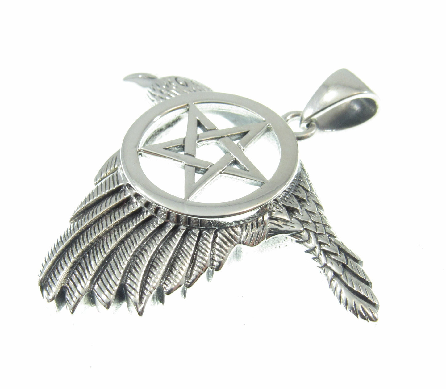 Solid 925 Sterling Silver Raven the Star Pentacle Pendant, Magical Pagan Wiccan Amulet, Symbol of the Elements