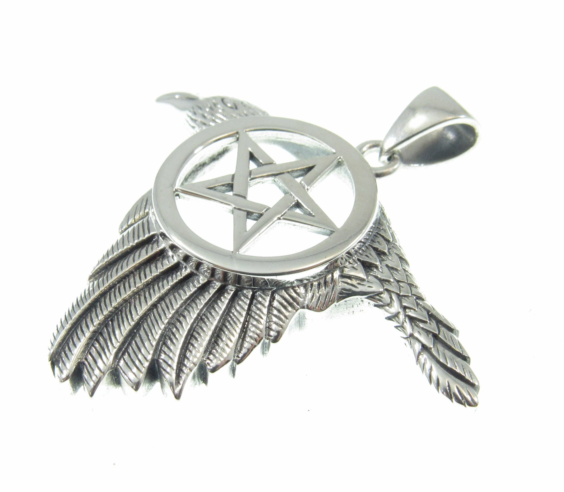 Solid 925 Sterling Silver Raven the Star Pentacle Pendant, Magical Pagan Wiccan Amulet, Symbol of the Elements