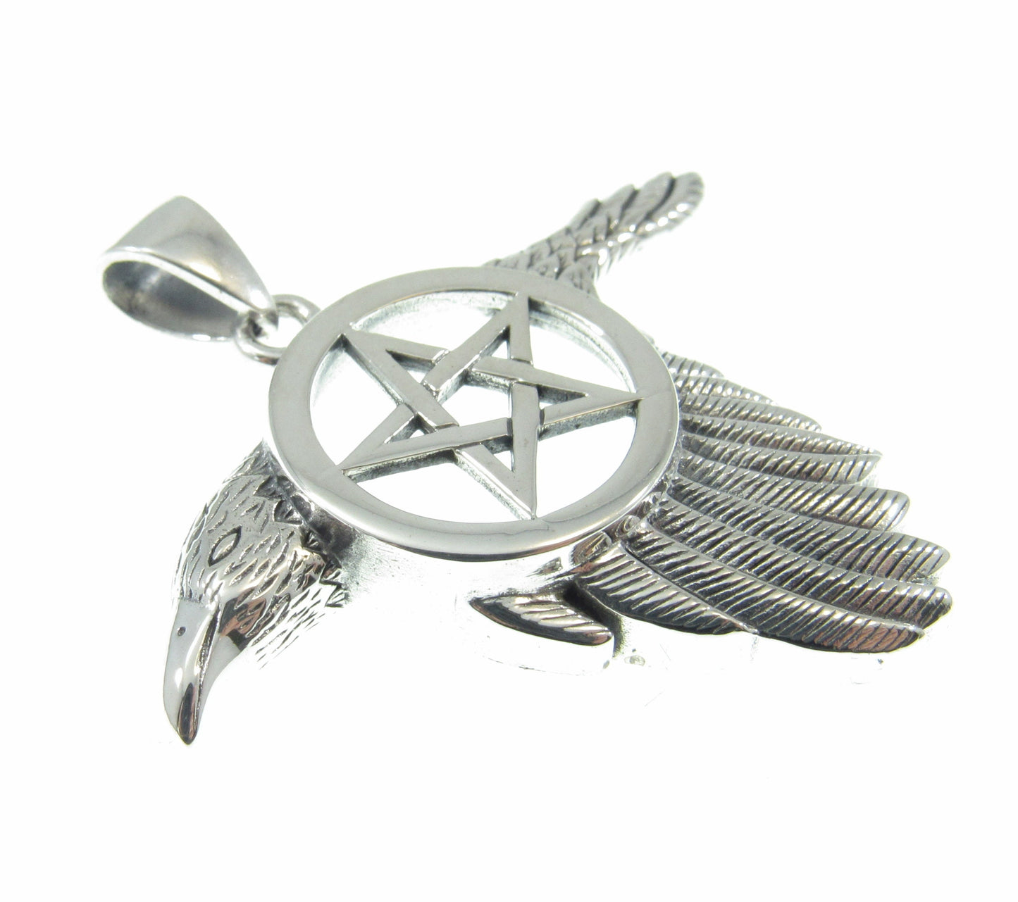 Solid 925 Sterling Silver Raven the Star Pentacle Pendant, Magical Pagan Wiccan Amulet, Symbol of the Elements