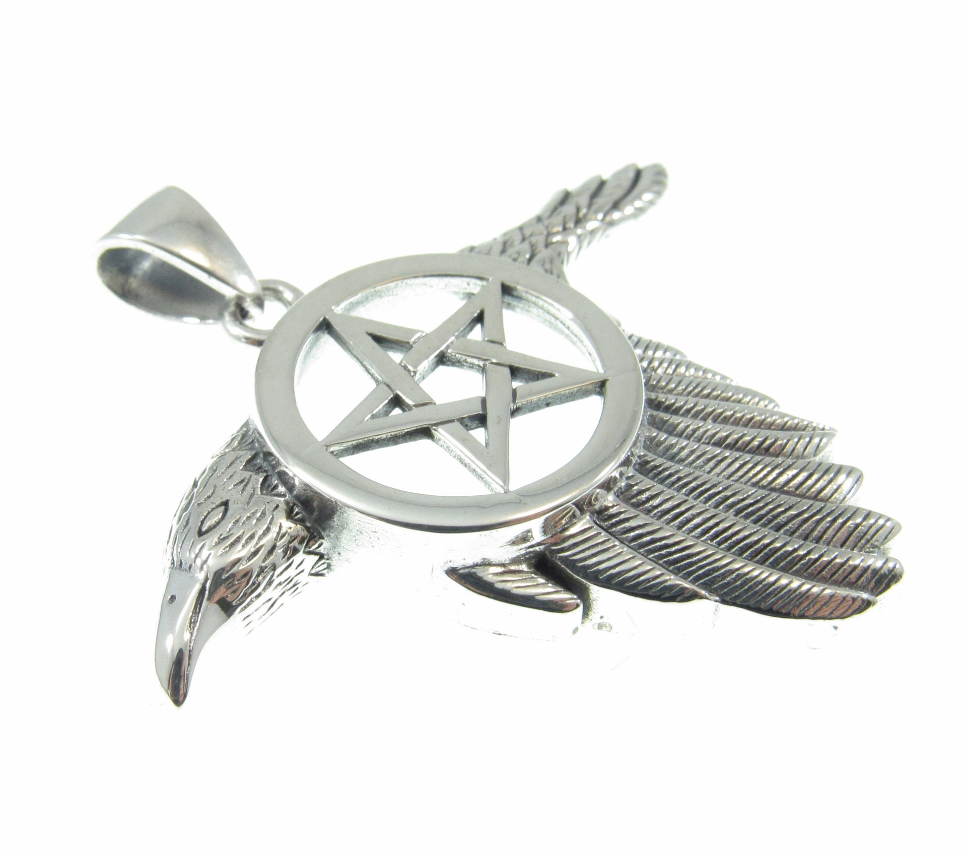 Solid 925 Sterling Silver Raven Pentacle Pendant, Pagan Wiccan Amulet, Elemental Symbol Jewelry