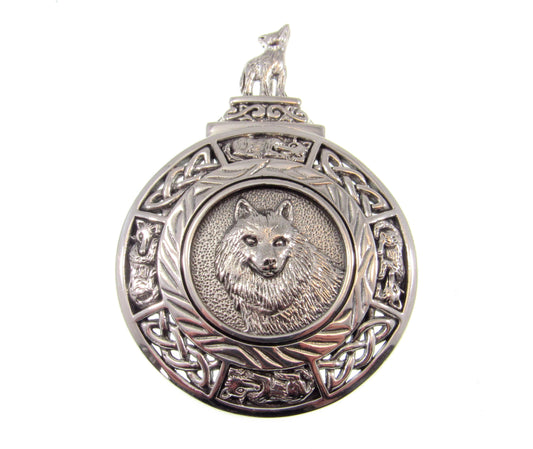 Large Solid 925 Sterling Silver Celtic Knotwork Howling Wolf Medallion Slide Pendant