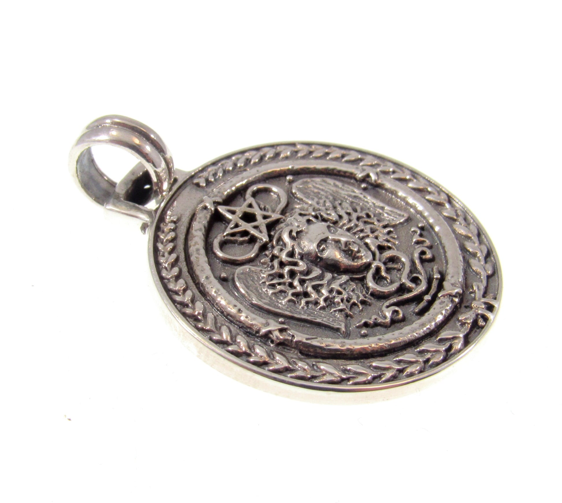 Solid 925 Sterling Silver Greek Gorgon Medusa and Pentacle Star Pendant, Protection Amulet, Witch Talisman