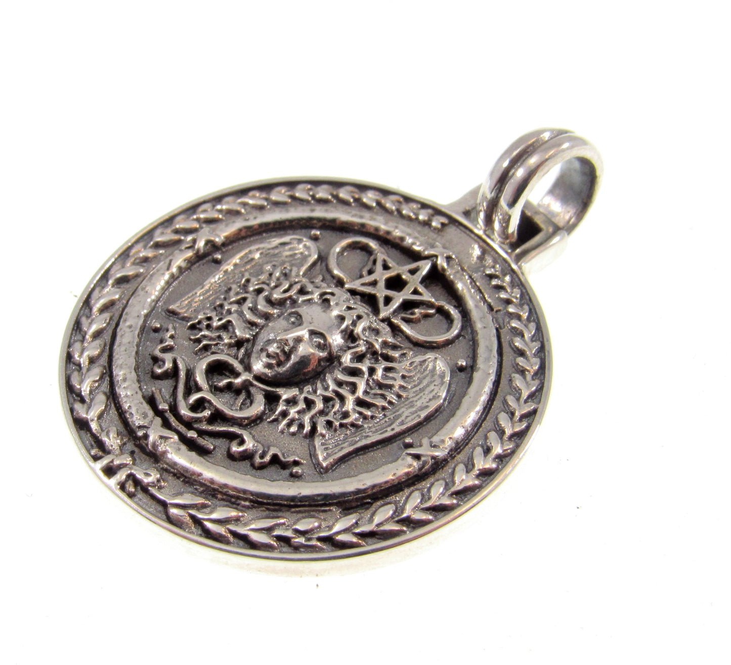 Solid 925 Sterling Silver Greek Gorgon Medusa and Pentacle Star Pendant, Protection Amulet, Witch Talisman