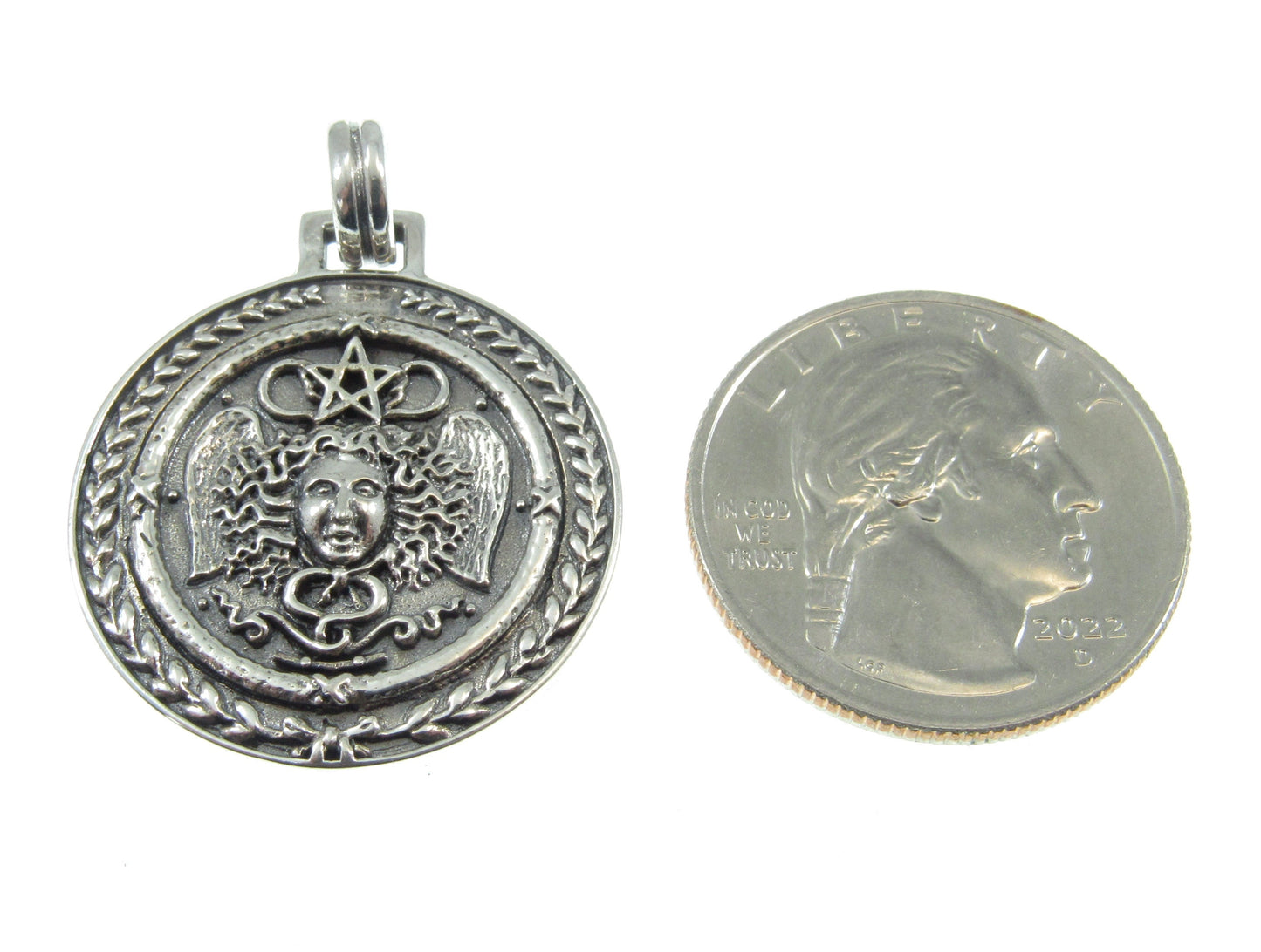 Solid 925 Sterling Silver Greek Gorgon Medusa and Pentacle Star Pendant, Protection Amulet, Witch Talisman
