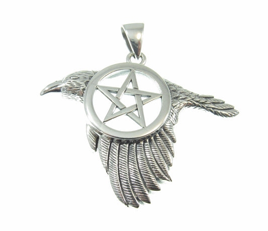 Solid 925 Sterling Silver Raven the Star Pentacle Pendant, Magical Pagan Wiccan Amulet, Symbol of the Elements