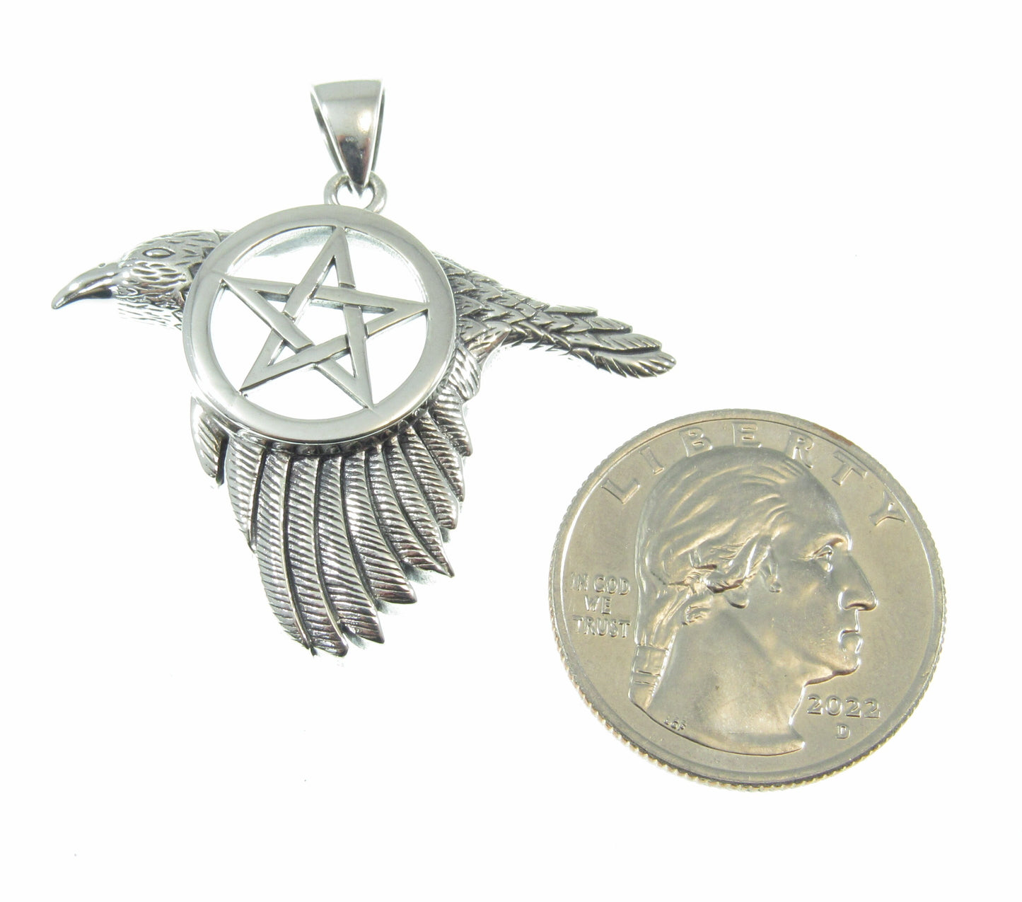Solid 925 Sterling Silver Raven the Star Pentacle Pendant, Magical Pagan Wiccan Amulet, Symbol of the Elements