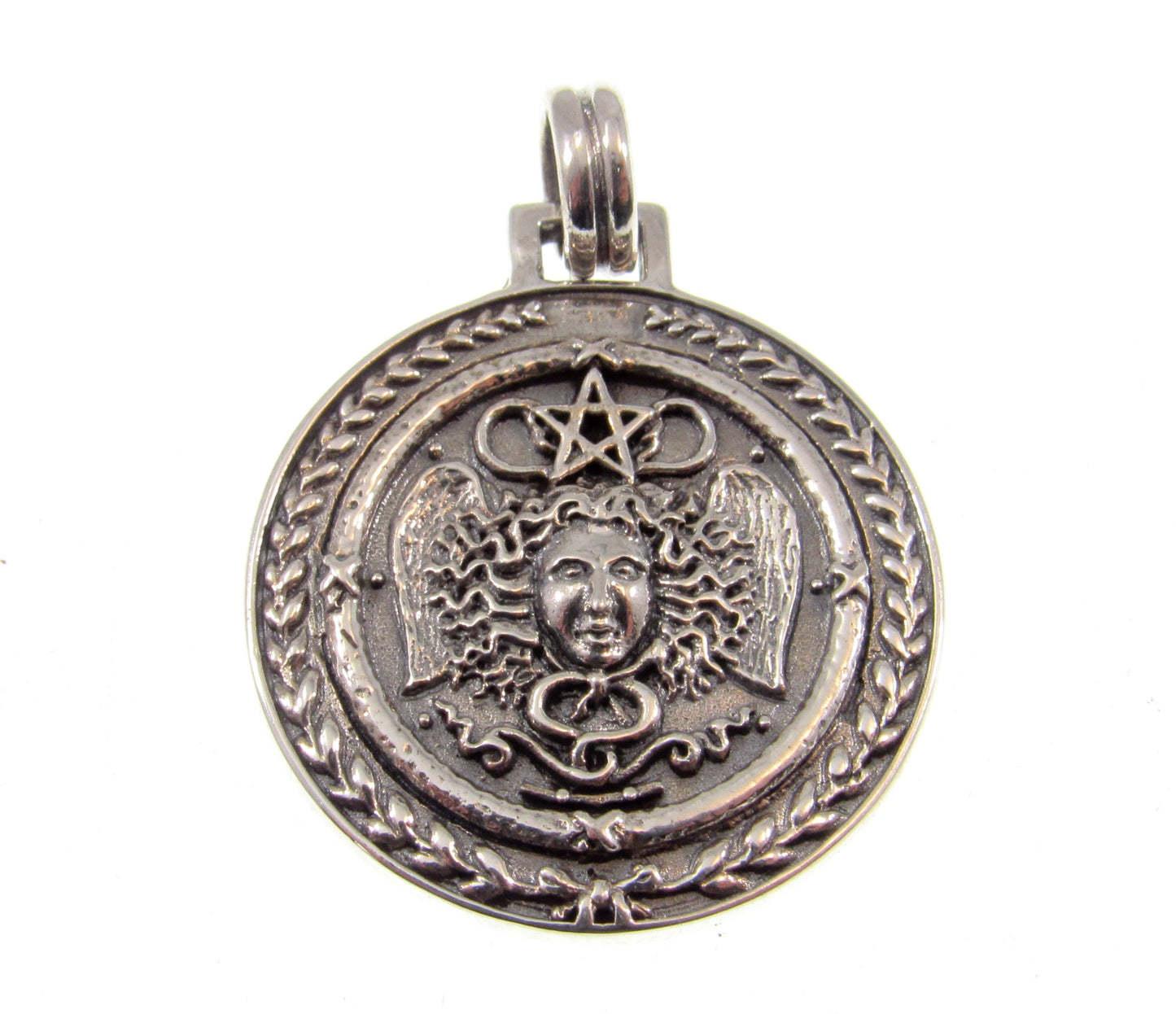 Solid 925 Sterling Silver Greek Gorgon Medusa and Pentacle Star Pendant, Protection Amulet, Witch Talisman