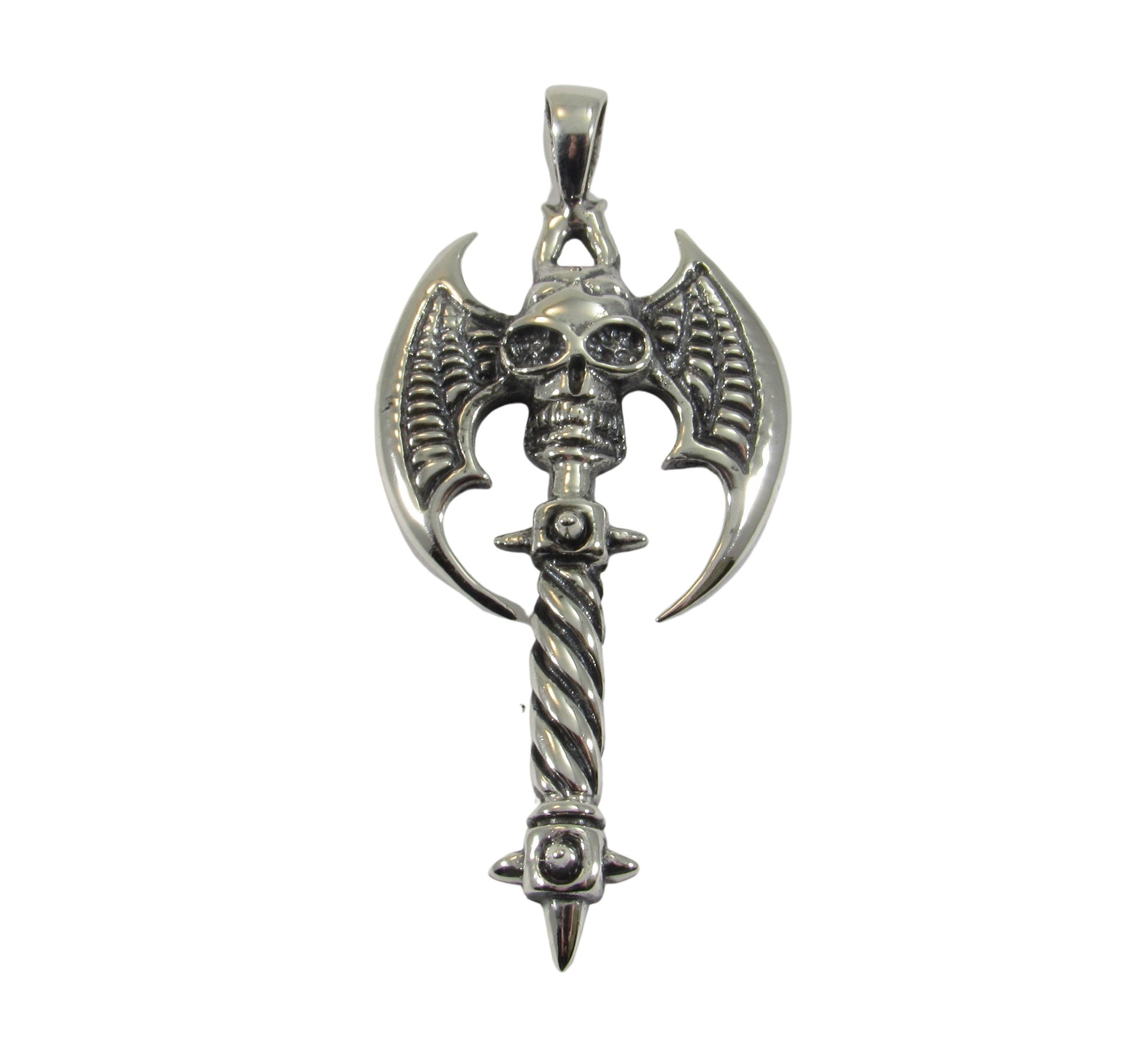 Solid 925 Sterling Silver Double Axe Skull Pendant – Gothic Warrior Battle Axe Amulet