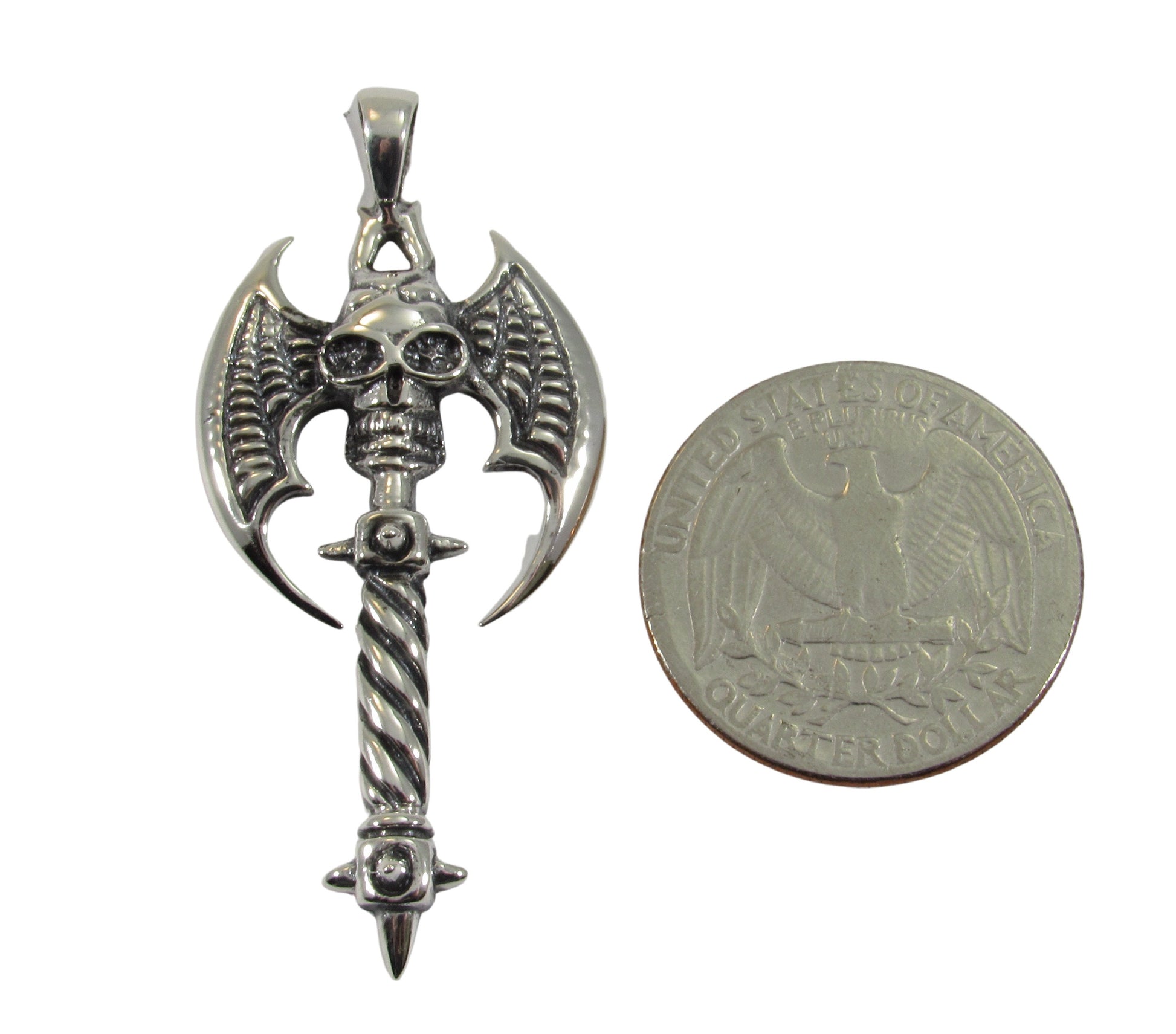 Solid 925 Sterling Silver Double Axe Skull Pendant – Gothic Warrior Battle Axe Amulet
