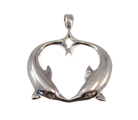 Solid 925 Sterling Silver Double Dolphin Heart Pendant, Pair of Dolphins Slide Pendant