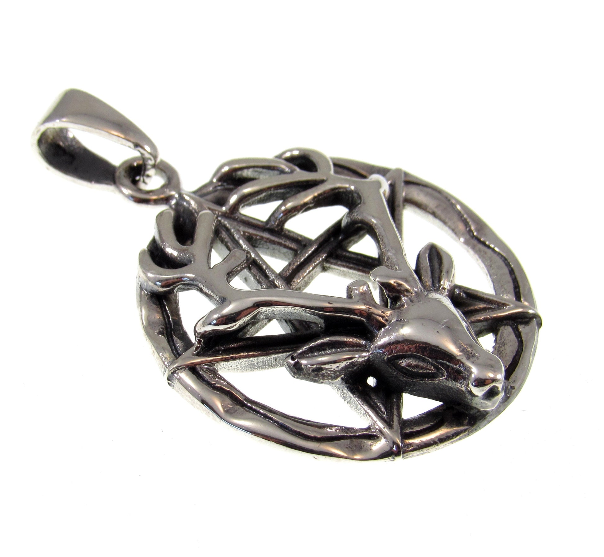 Solid 925 Sterling Silver Reindeer Pentagram Pentacle Pendant, Horned God Cernunnos, Wicca Pagan Amulet