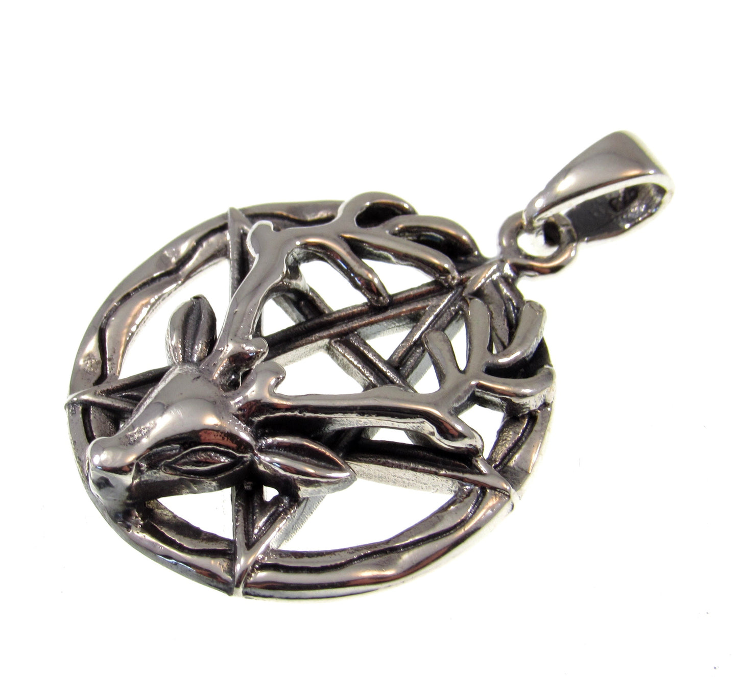 Solid 925 Sterling Silver Reindeer Pentagram Pentacle Pendant, Horned God Cernunnos, Wicca Pagan Amulet