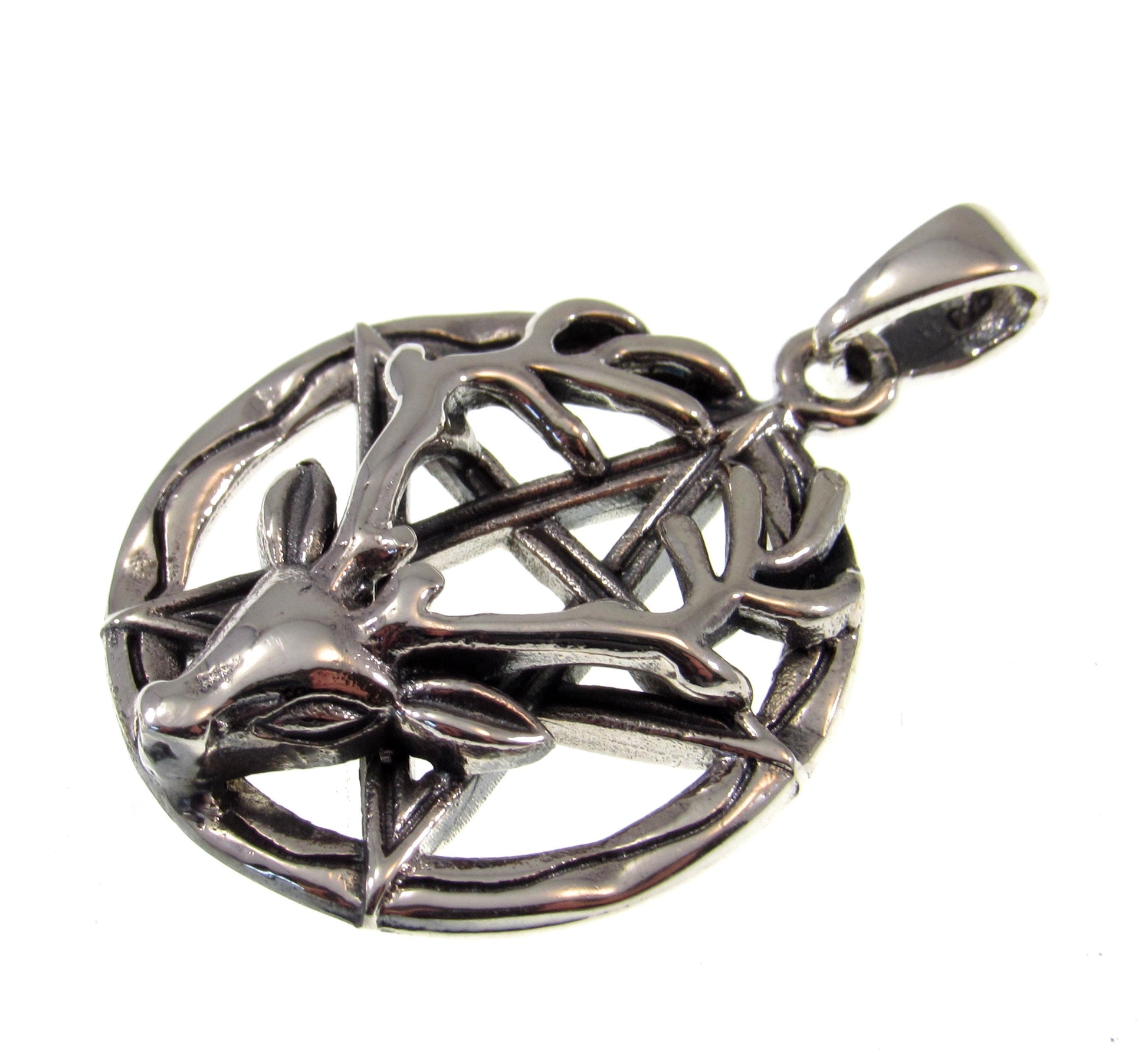 Solid 925 Sterling Silver Reindeer Pentagram Pentacle Pendant, Horned God Cernunnos, Wicca Pagan Amulet