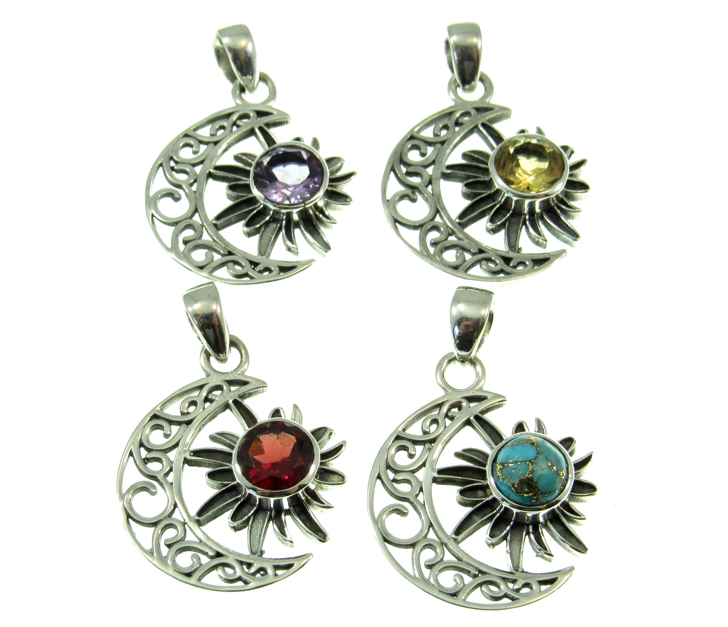Solid 925 Sterling Silver Crescent Moon & Sun Pendant With Gemstone, Amethyst, Citrine, Garnet, or Turquoise