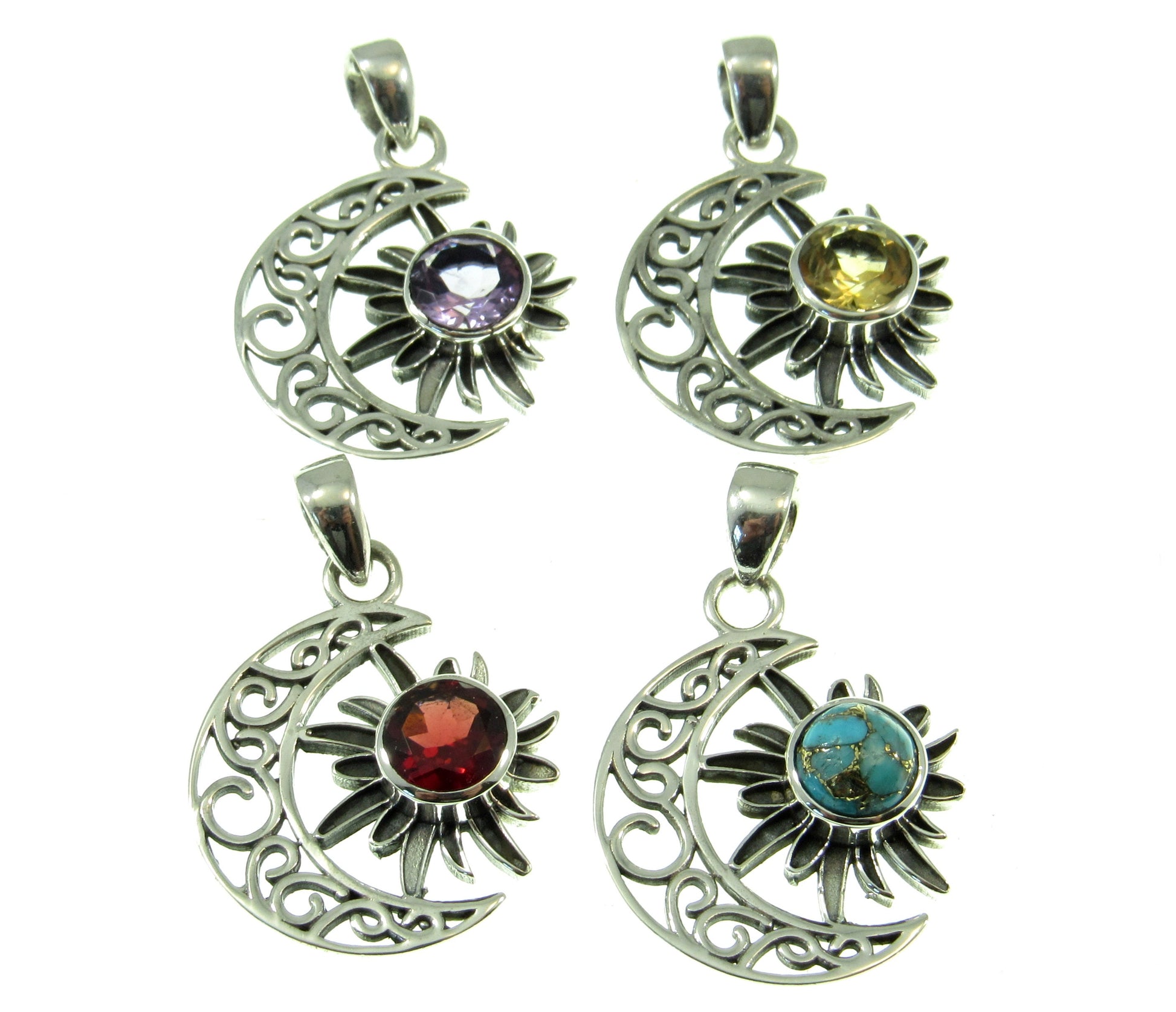 Solid 925 Sterling Silver Crescent Moon & Sun Pendant With Gemstone, Amethyst, Citrine, Garnet, or Turquoise