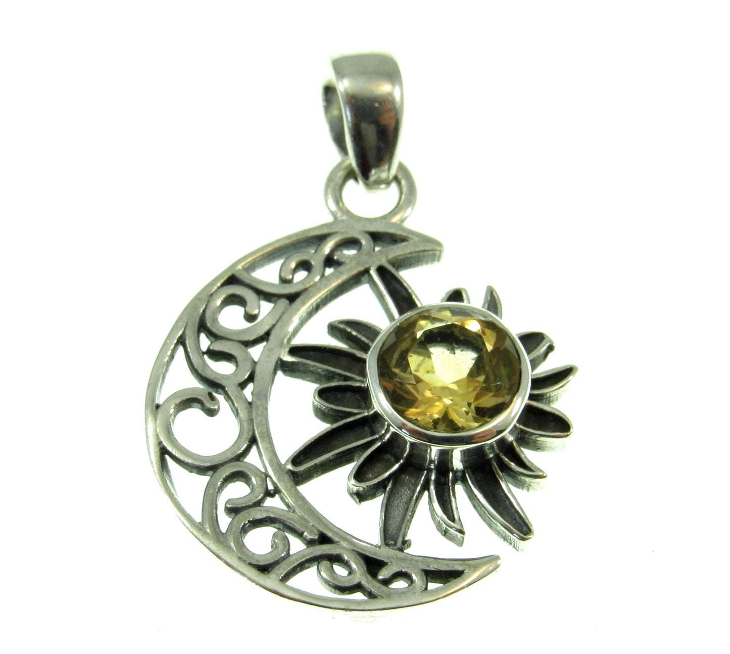 Solid 925 Sterling Silver Crescent Moon & Sun Pendant With Gemstone, Amethyst, Citrine, Garnet, or Turquoise