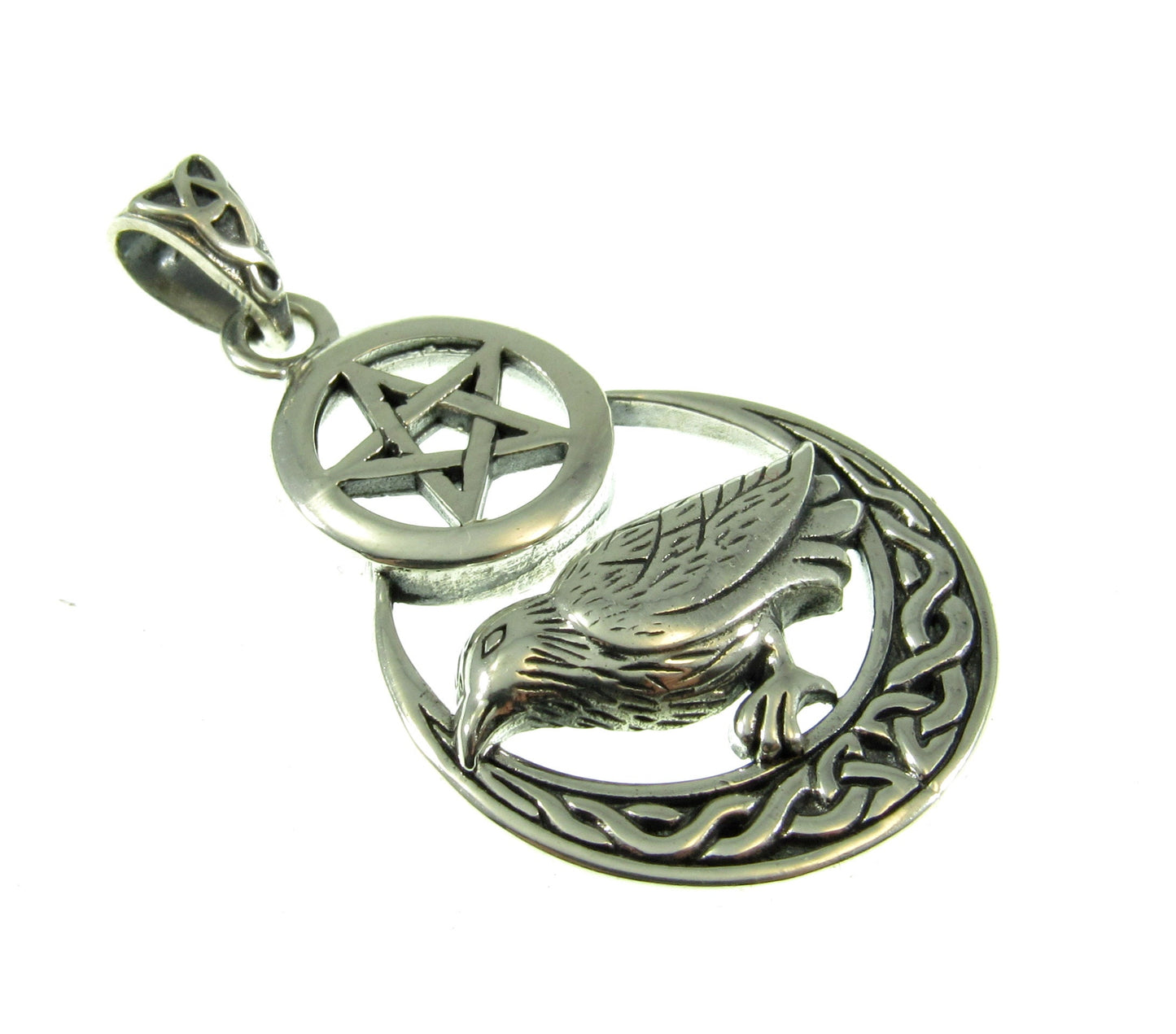 Solid 925 Sterling Silver Raven on Celtic Crescent Moon Pentacle, Magical Pagan Wiccan Amulet