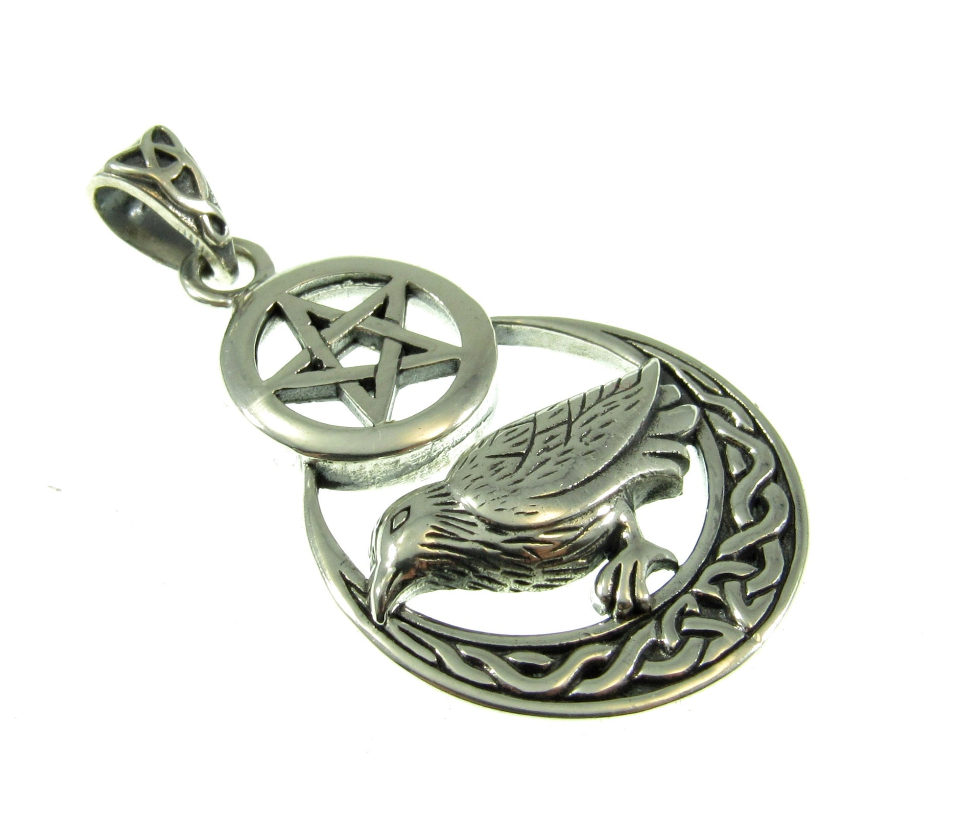 Solid 925 Sterling Silver Raven on Celtic Crescent Moon Pentacle, Magical Pagan Wiccan Amulet