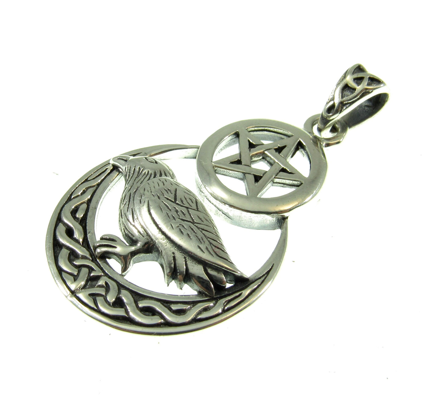 Solid 925 Sterling Silver Raven on Celtic Crescent Moon Pentacle, Magical Pagan Wiccan Amulet