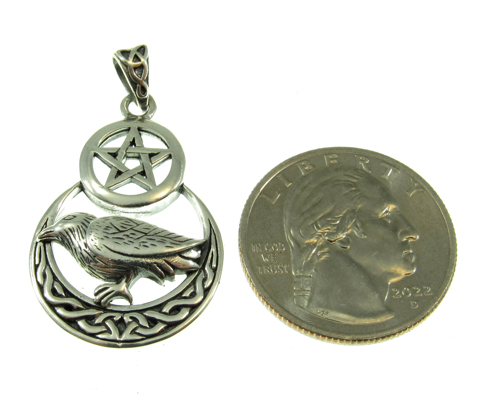 Solid 925 Sterling Silver Raven on Celtic Crescent Moon Pentacle, Magical Pagan Wiccan Amulet