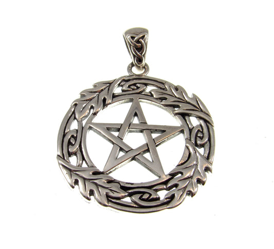 Solid 925 Sterling Silver Pentacle with Oak Leaf Wreath, Handcrafted Protection Pentagram Amulet, Pagan Wicca Talisman