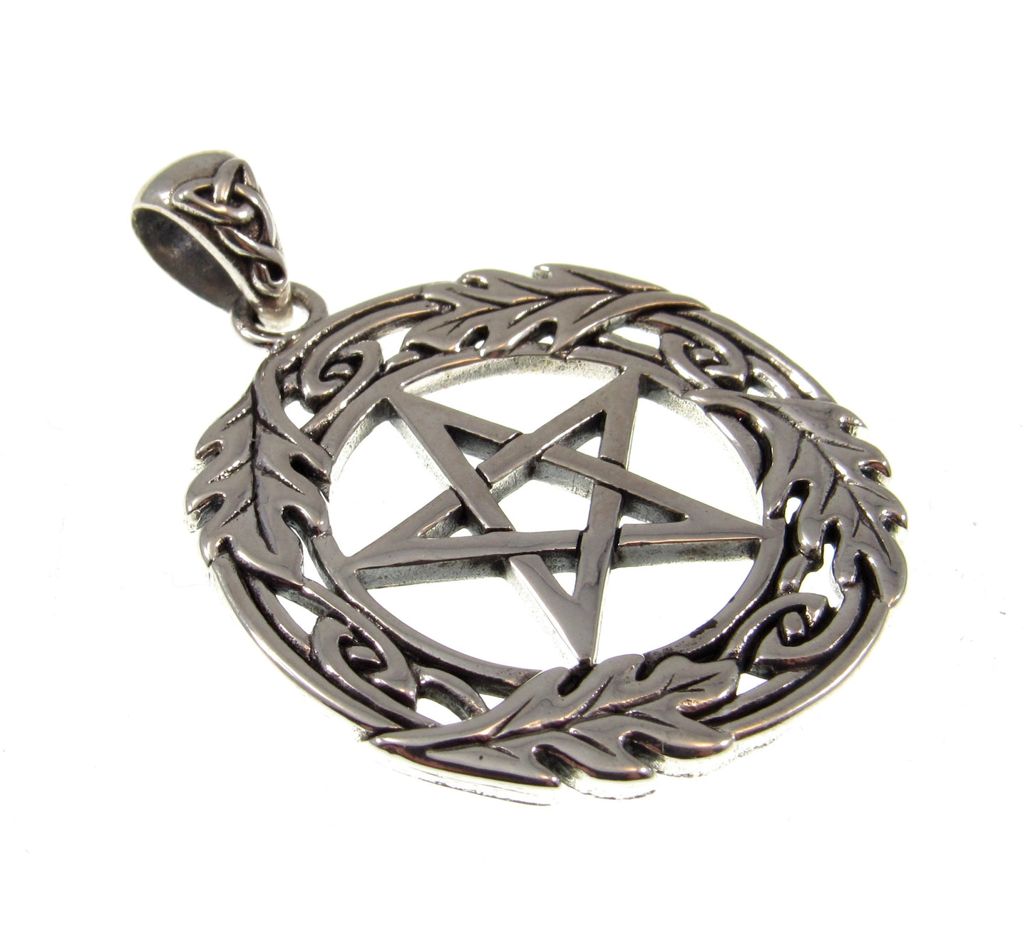 Solid 925 Sterling Silver Pentacle with Oak Leaf Wreath, Handcrafted Protection Pentagram Amulet, Pagan Wicca Talisman