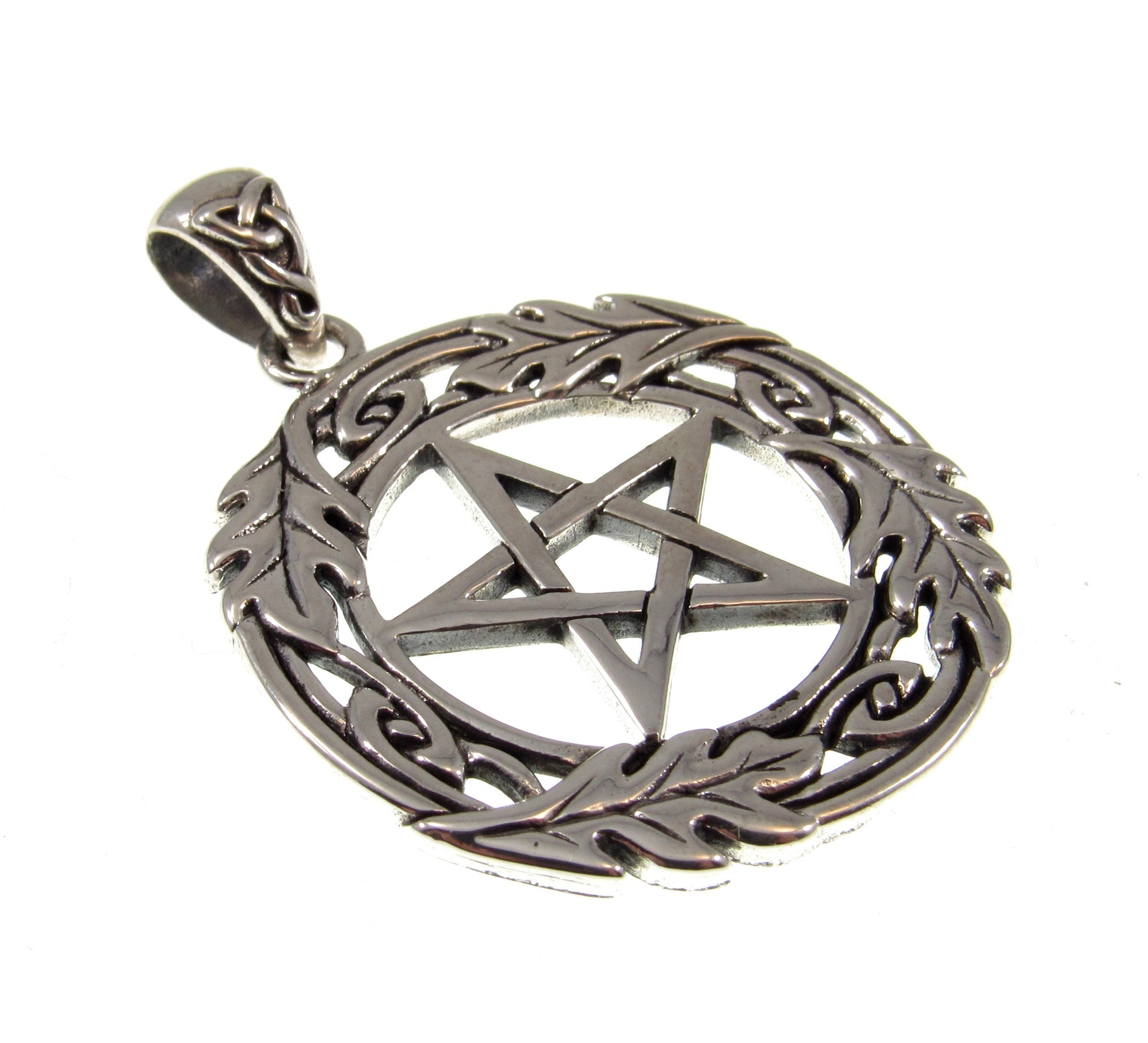 Solid 925 Sterling Silver Pentacle with Oak Leaf Wreath, Handcrafted Protection Pentagram Amulet, Pagan Wicca Talisman