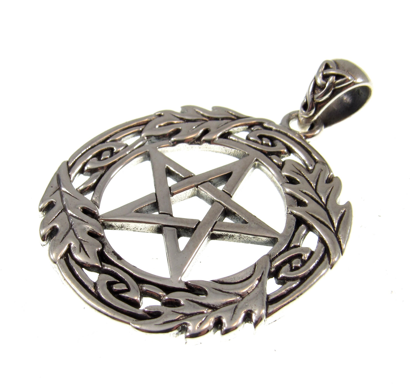 Solid 925 Sterling Silver Pentacle with Oak Leaf Wreath, Handcrafted Protection Pentagram Amulet, Pagan Wicca Talisman