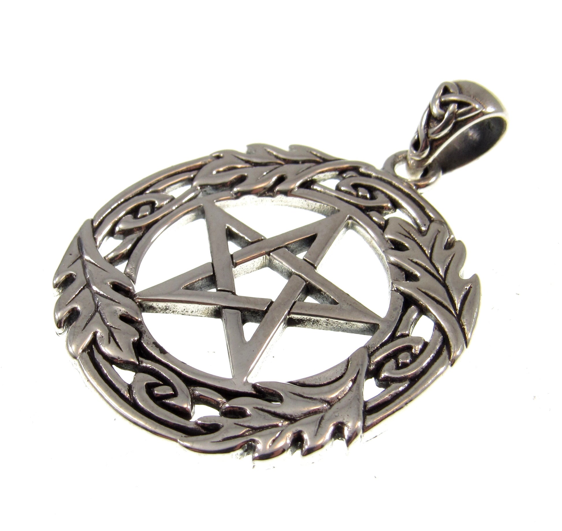 Solid 925 Sterling Silver Pentacle with Oak Leaf Wreath, Handcrafted Protection Pentagram Amulet, Pagan Wicca Talisman