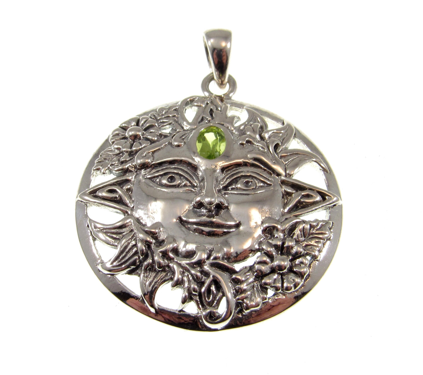 Solid 925 Sterling Silver Spring Sun Face Pendant with Faceted Peridot Gemstone, Embellished with Flowers & Petals