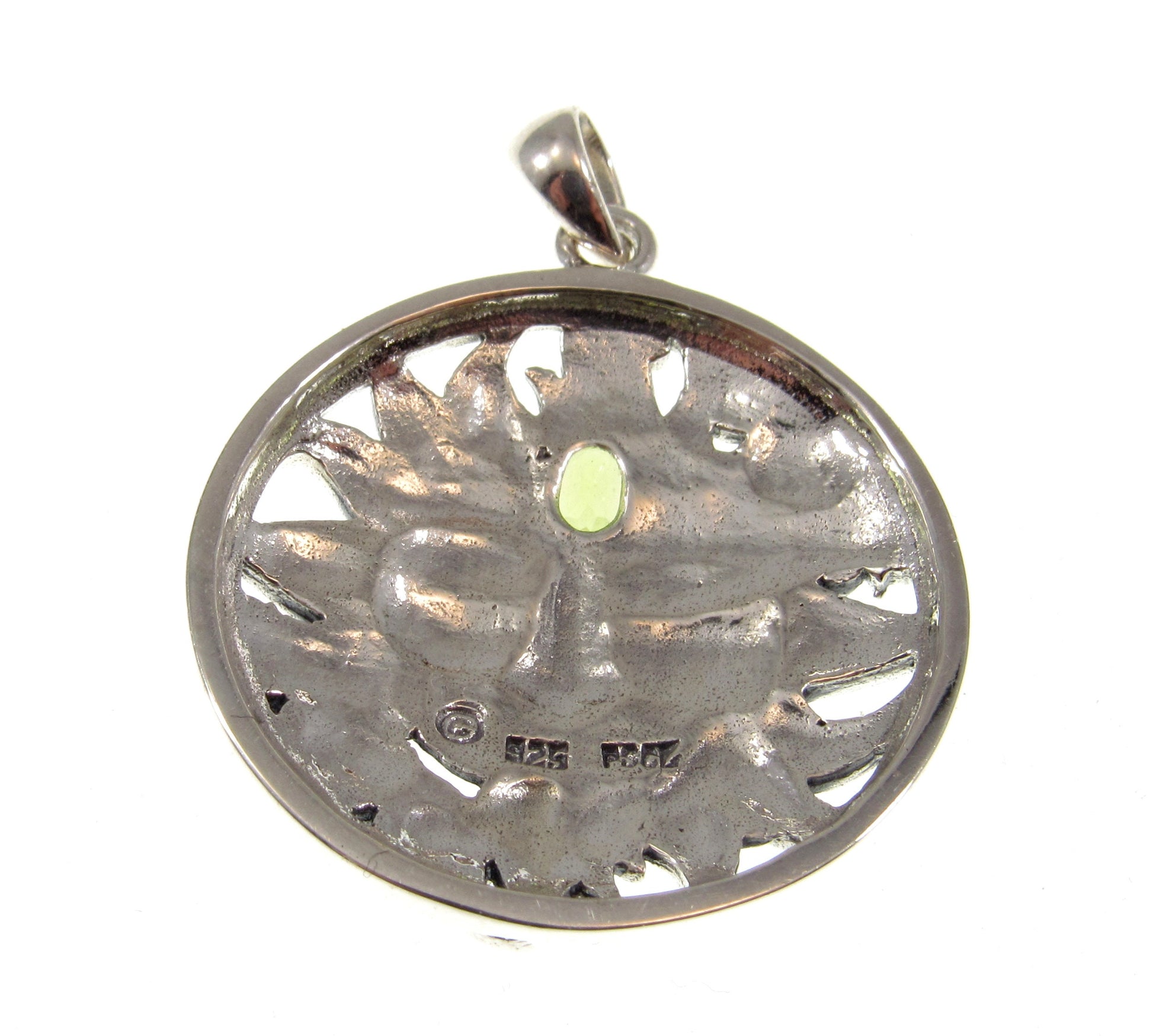 Solid 925 Sterling Silver Spring Sun Face Pendant with Faceted Peridot Gemstone, Embellished with Flowers & Petals